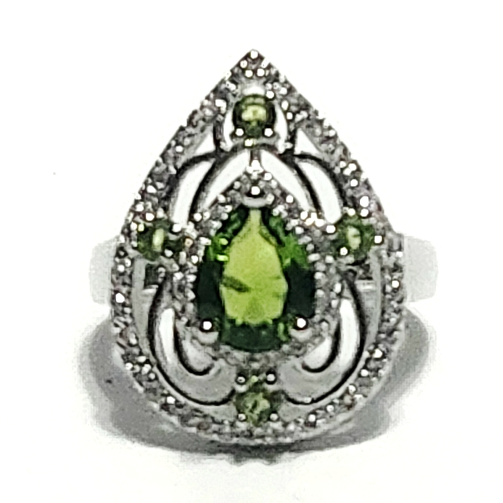 1.70 ct Peridot Sterling Silver Pear Filigree Ring size 7 NEW